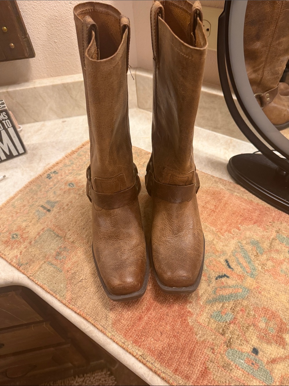 Brown Leather Harness Mid-Calf Heeled Boots - Women